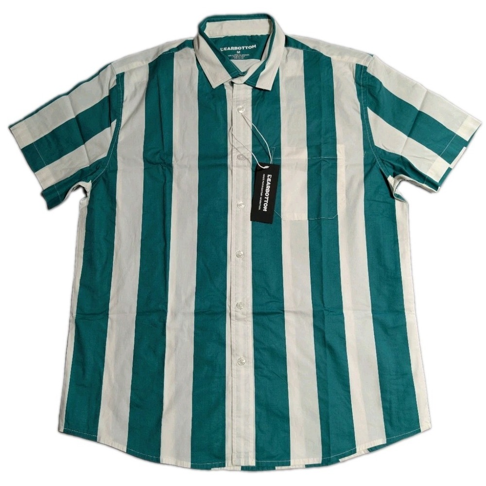 Bearbottom Marina Shirt Mens M Green White Stripe Button Up Short Sleeve NWT